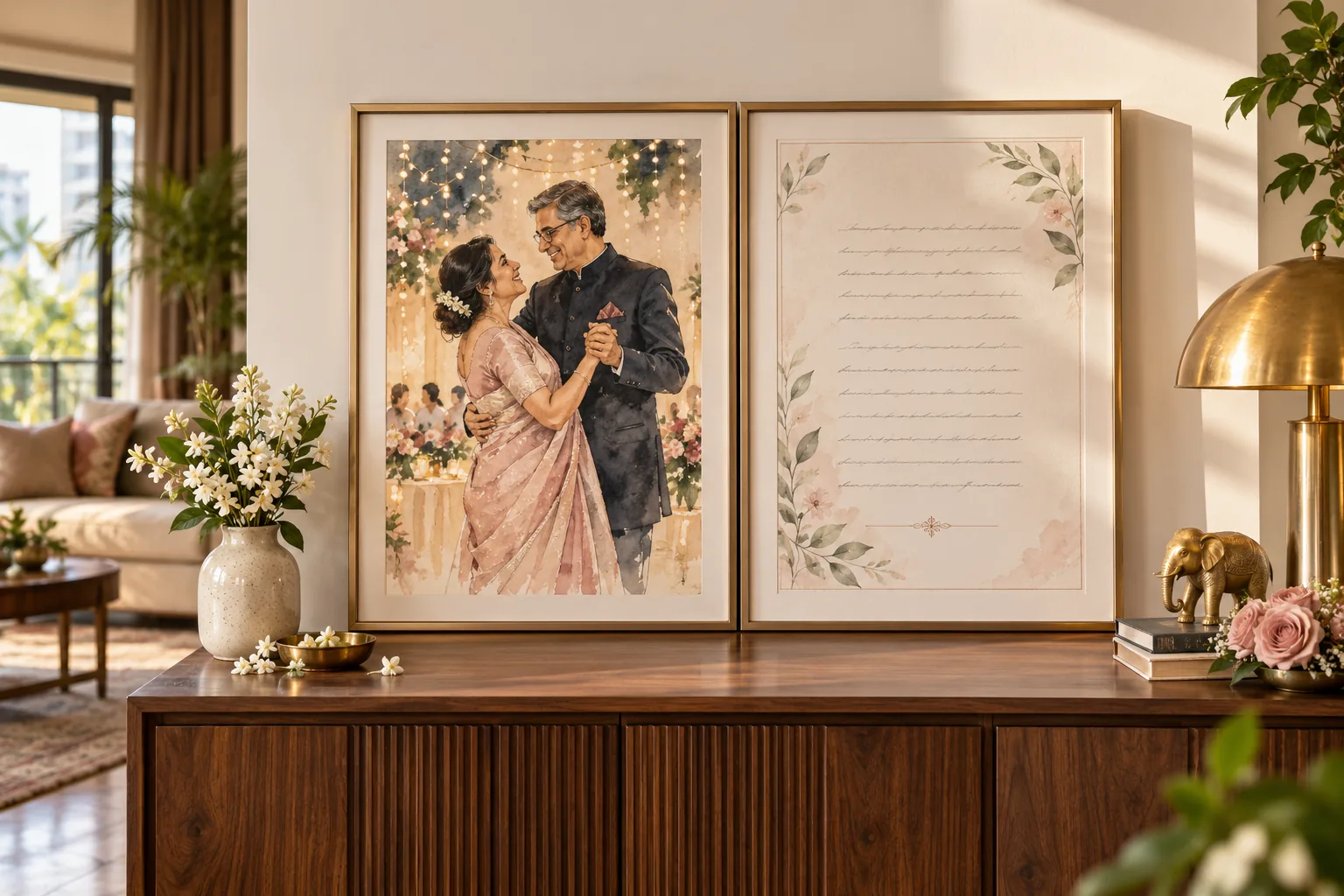A 25th-anniversary watercolor portrait and its companion story displayed as a coordinated diptych