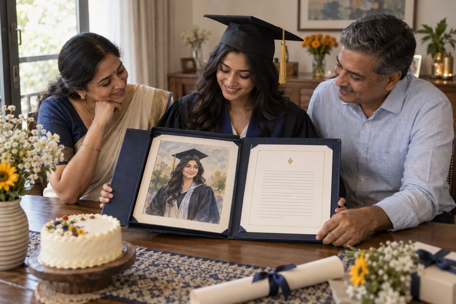 A graduate opening a painted portrait and personal story folio with her parents